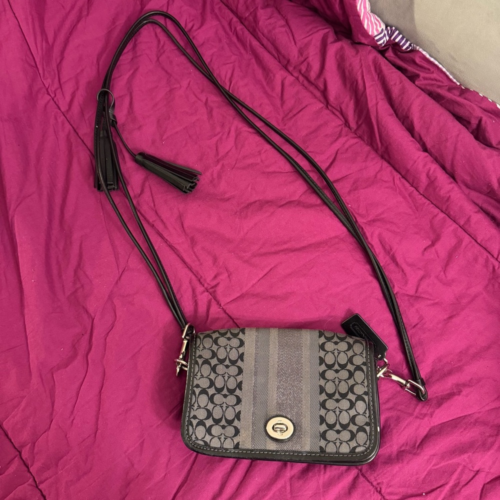 Coach Legacy Signature Stripe Penny Shoulder Bag 19919 Black Grey Silver Mini